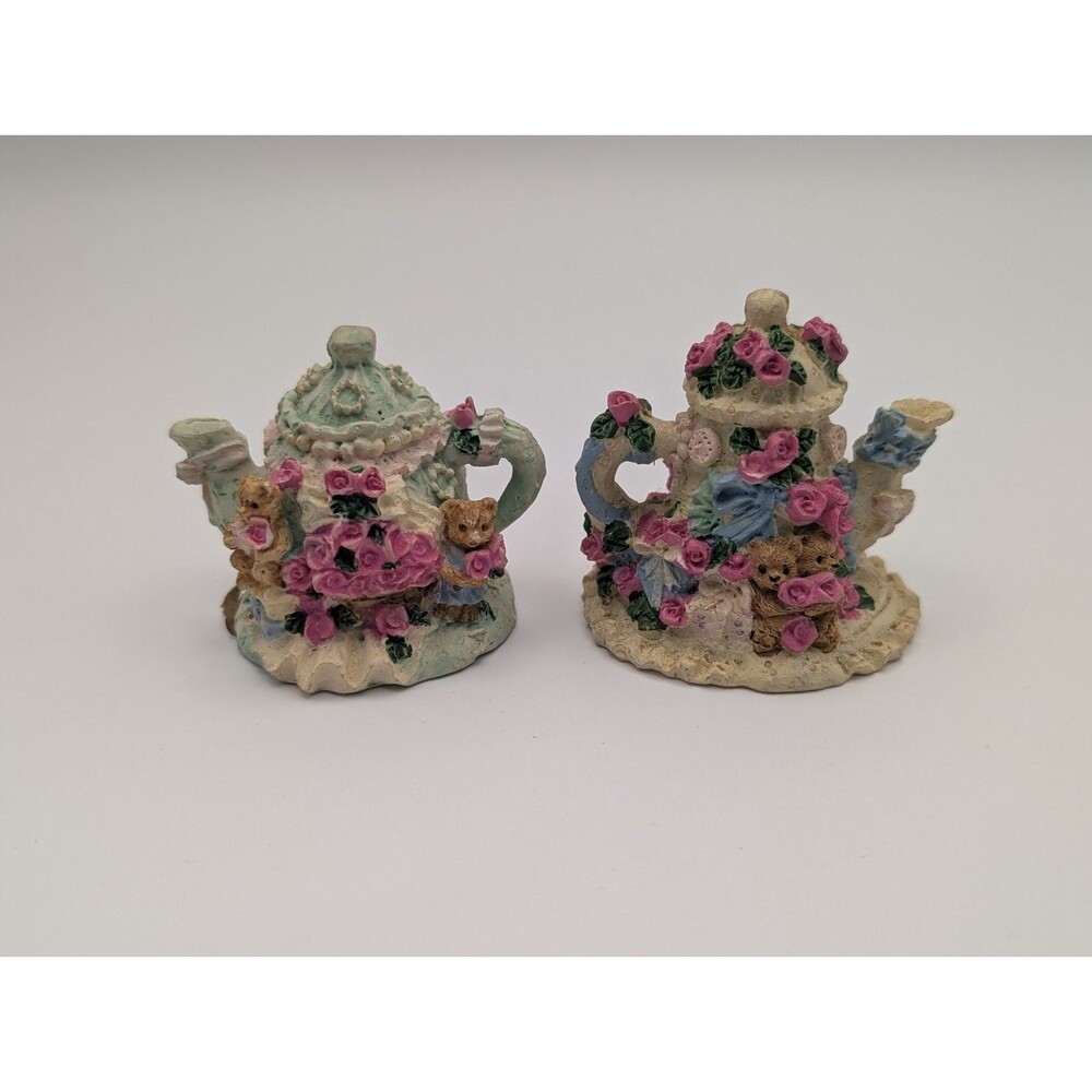 Vintage Small Resin Teapot Figurines Set of 2 Teddy Bears Pink Roses Flowers